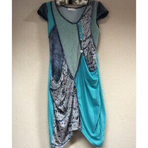 Forla Paris Women Asymmetric Dress Embellished Patchwork V-Neck Cap Sleeve Blue